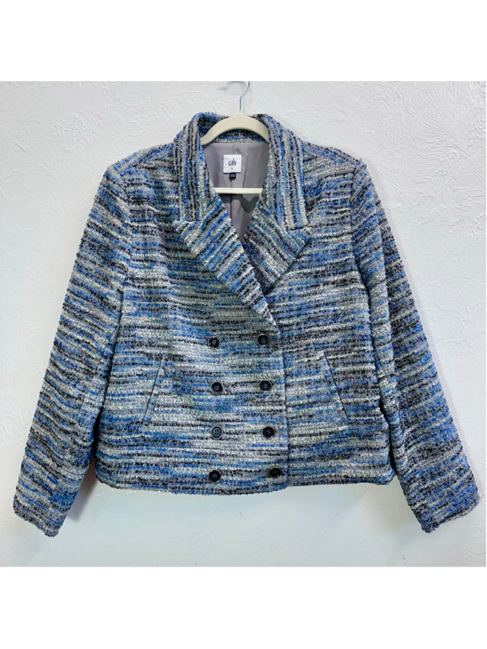cabi Radiance Jacket XL 4676 Blue Gray Tweed Double Breasted Blazer Shimmer